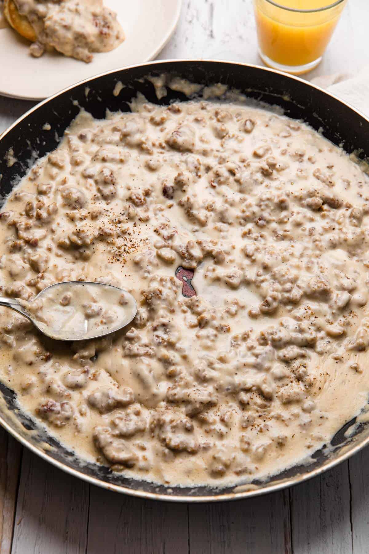 the completed sausage gravy ready to serve
