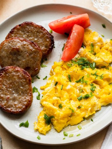 air fryer breakfast sausage patties with eggs and tomatoes