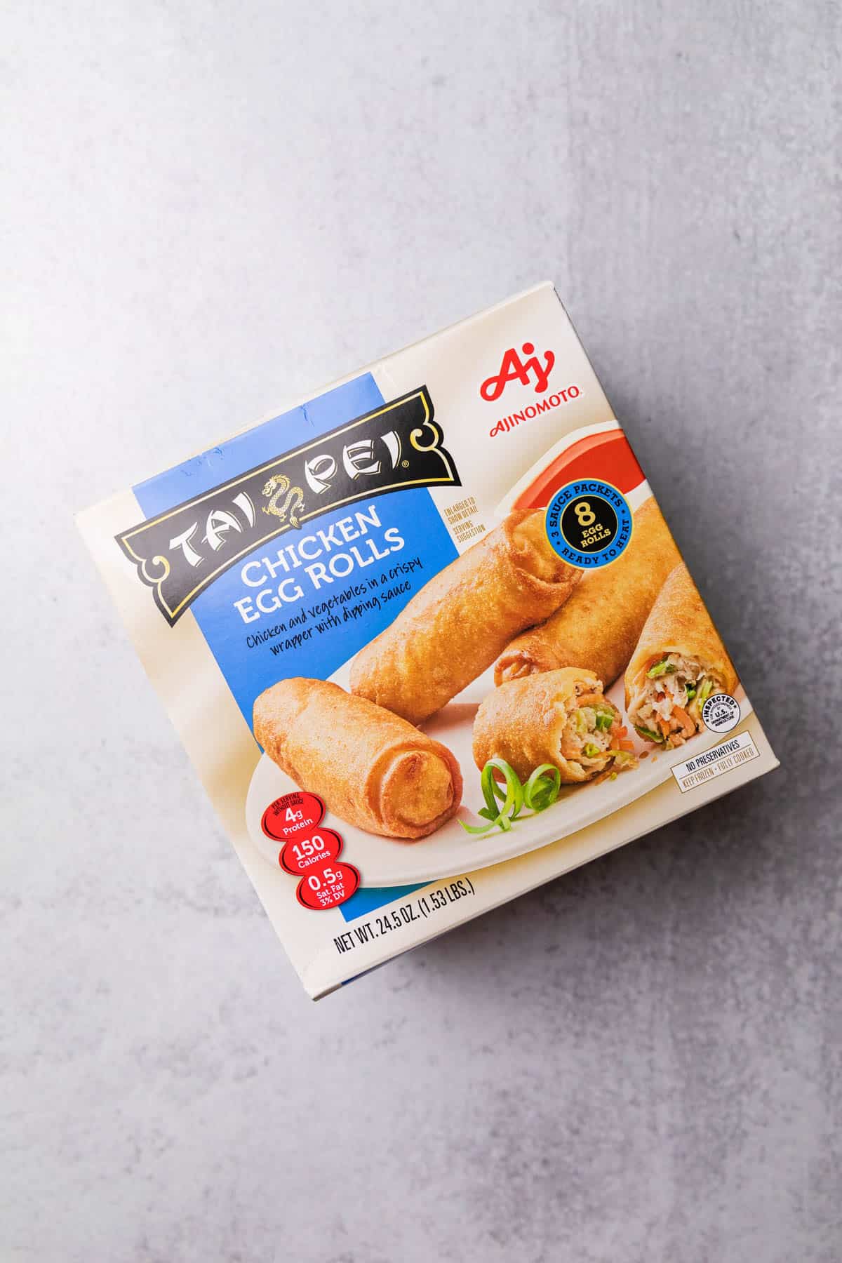 a box of tai pei egg rolls