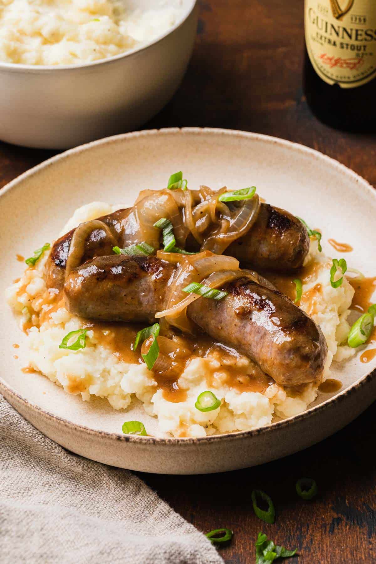 the completed bangers and mash recipe