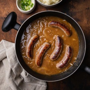 sausages simmering in a stout gravy recipe with onions