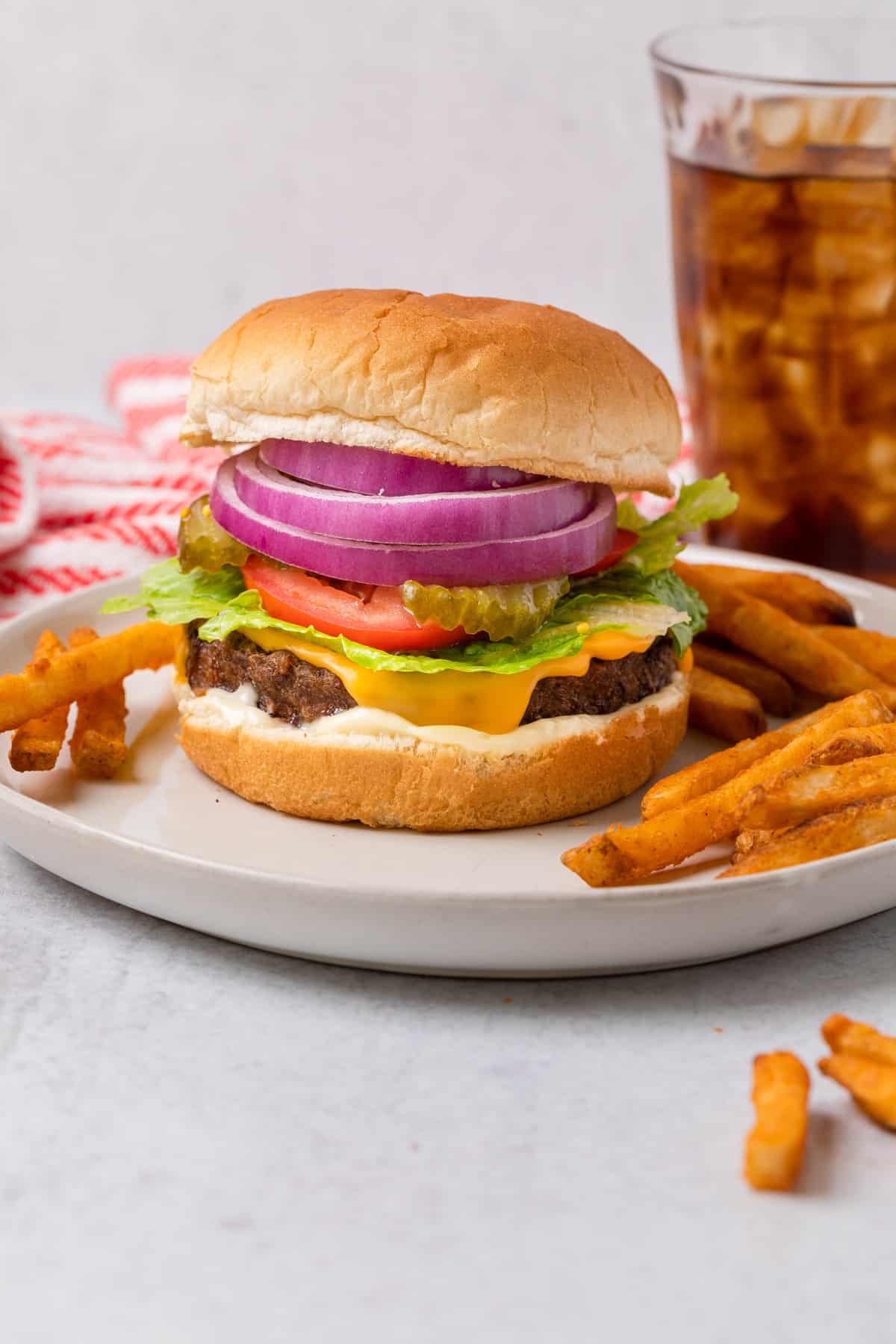 a cheeseburger on a plate showing the completed recipe