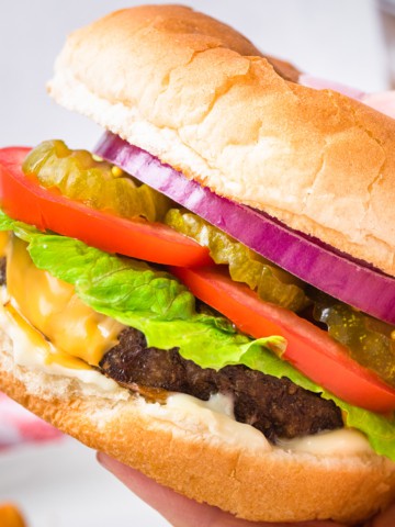 the completed frozen burger with fixing and on a bun