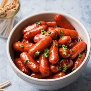 crockpot lil smokies recipe completed in a serving bowl.