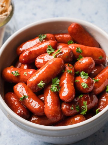 crockpot lil smokies recipe completed in a serving bowl.