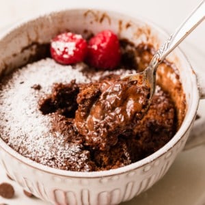 a chocolate lava mug cake being eaten