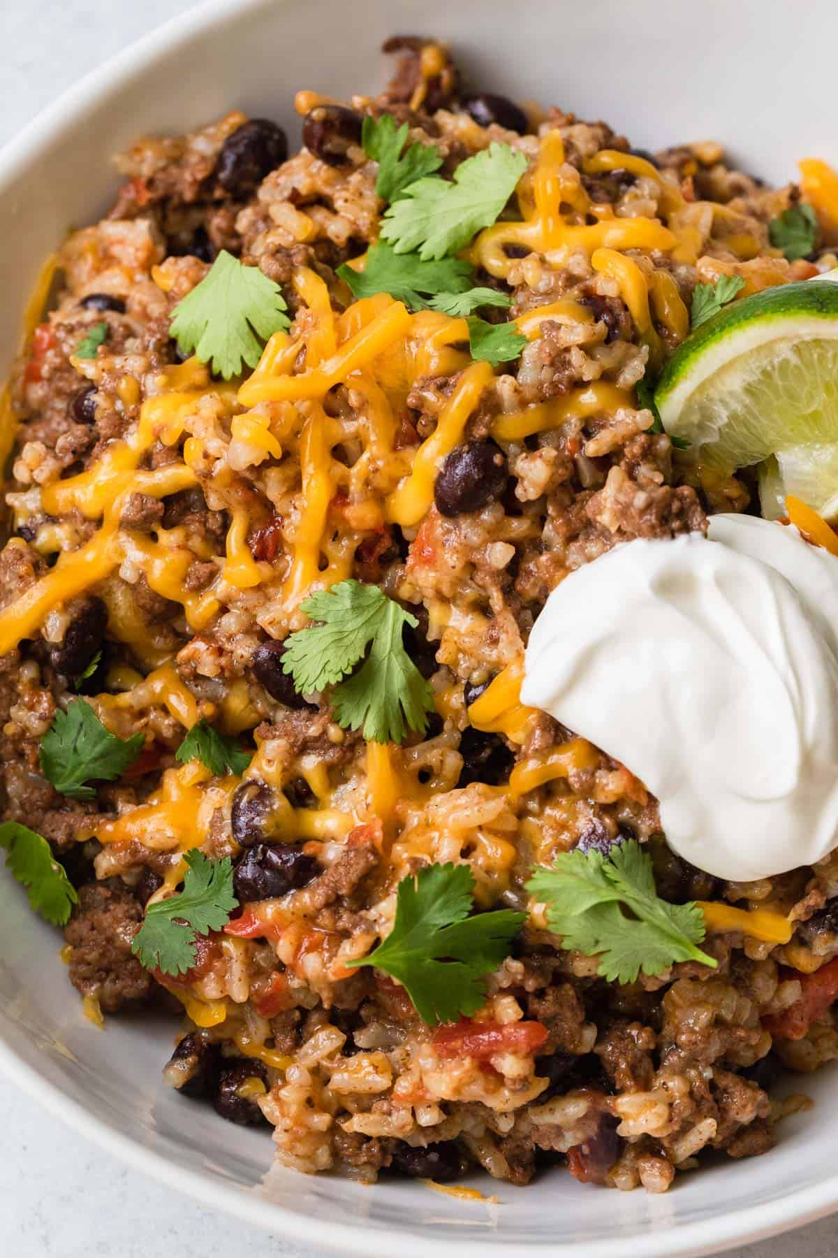 the completed instant pot ground beef and rice recipe served in a bowl
