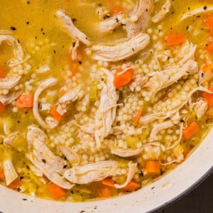 the completed chicken pastina soup