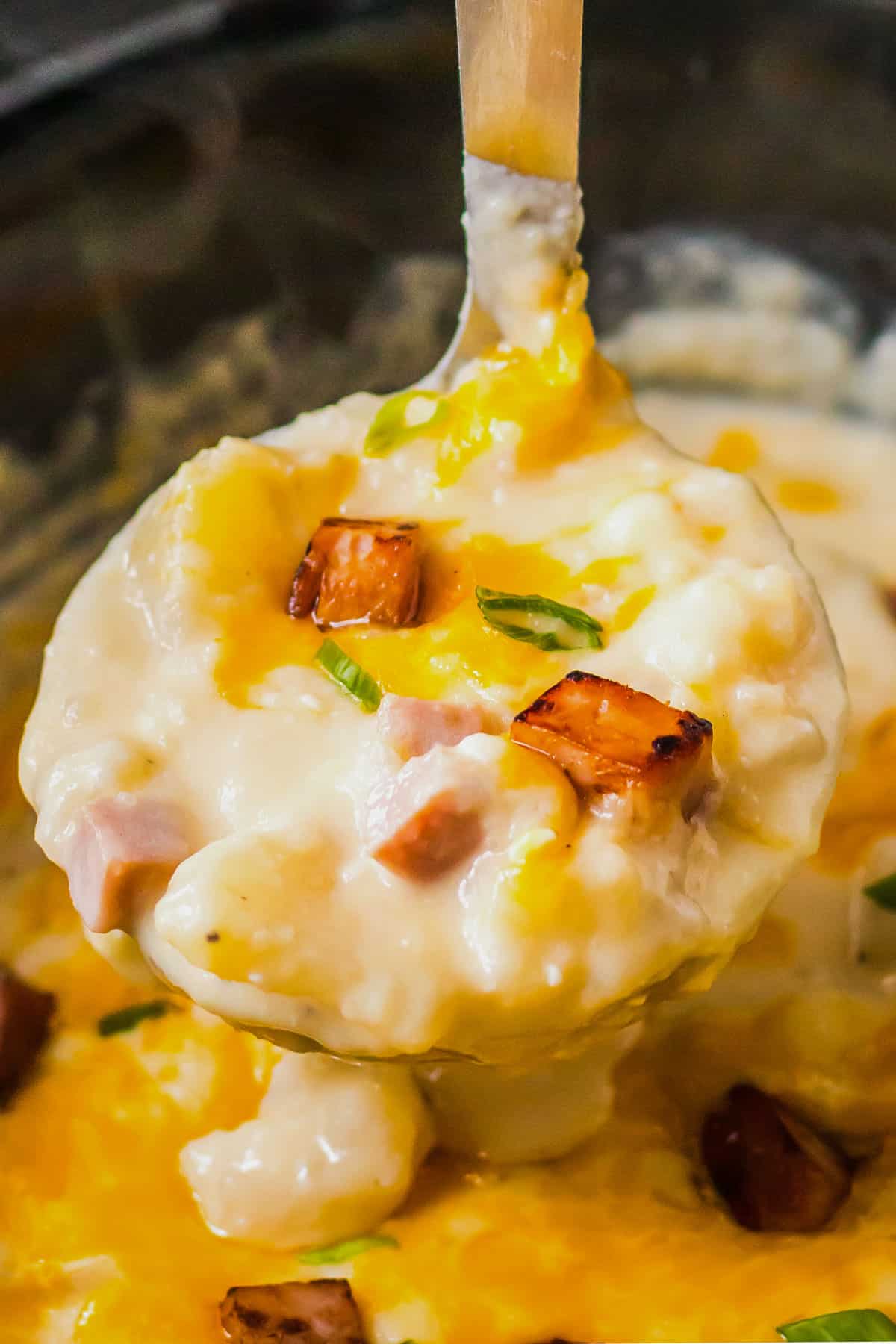 a ladle full of potato soup with crispy fried ham pieces.