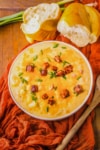 The completed ham and potato soup in a bowl.