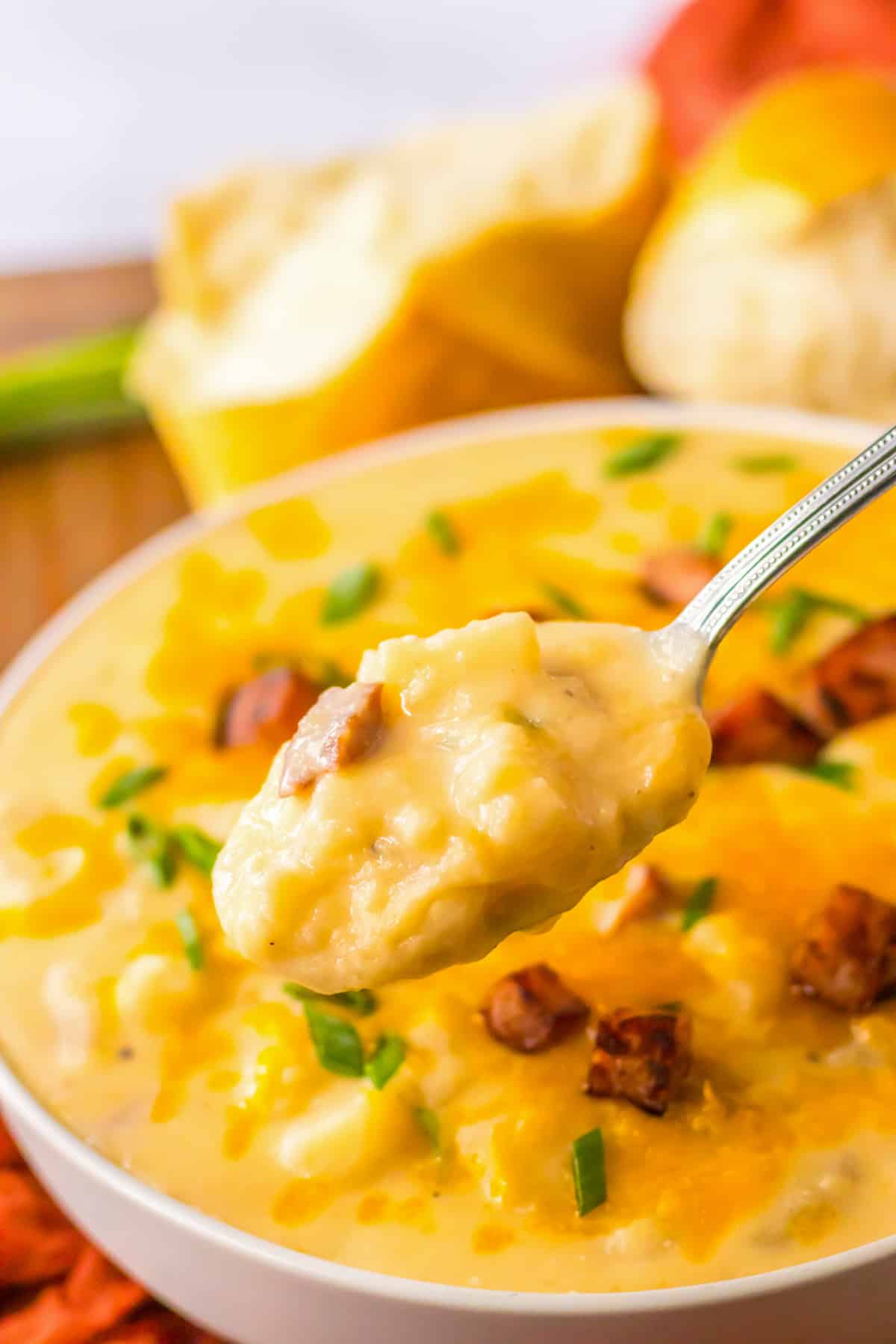 the completed ham and potato soup being served.