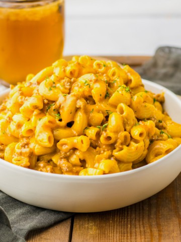 the completed one pot cheeseburger pasta recipe in a bowl.