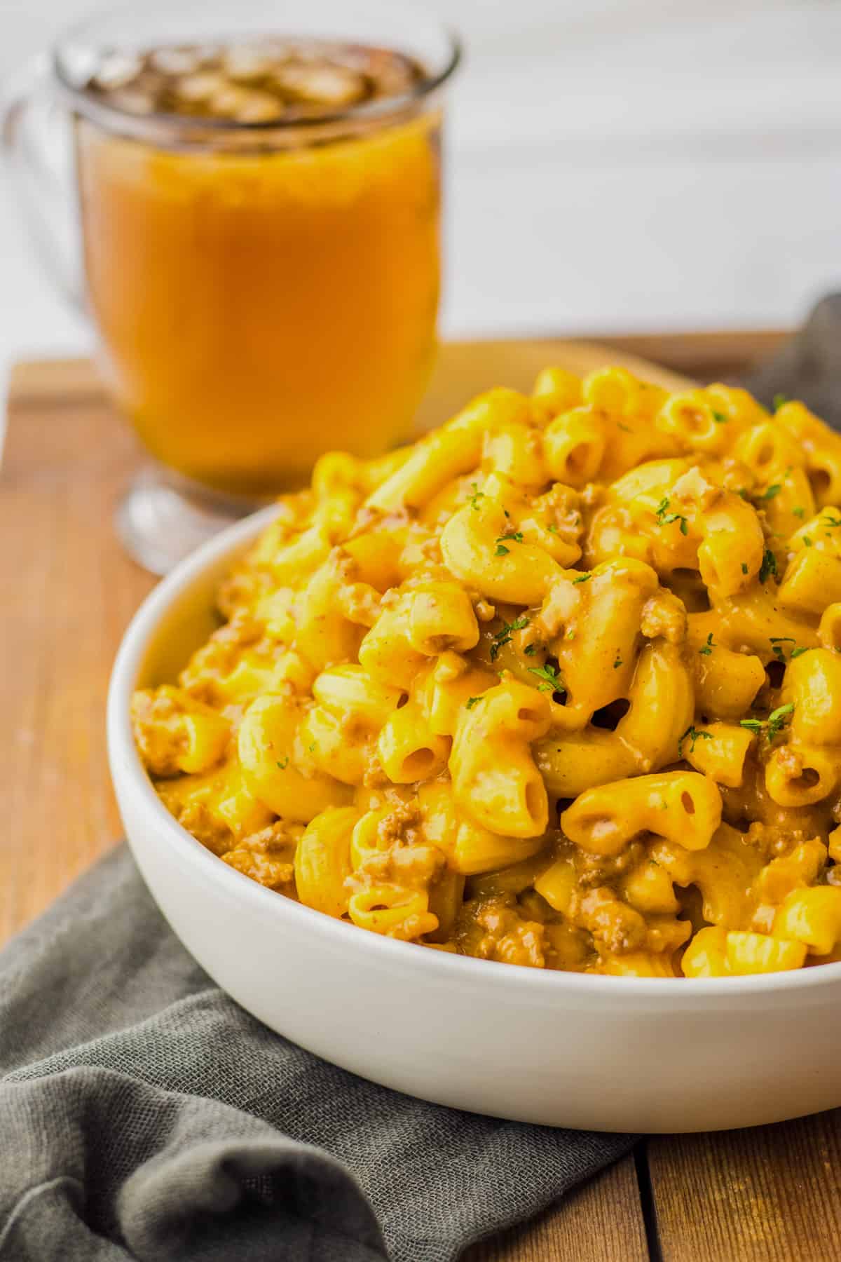 a bowl of the completed cheeseburger pasta recipe