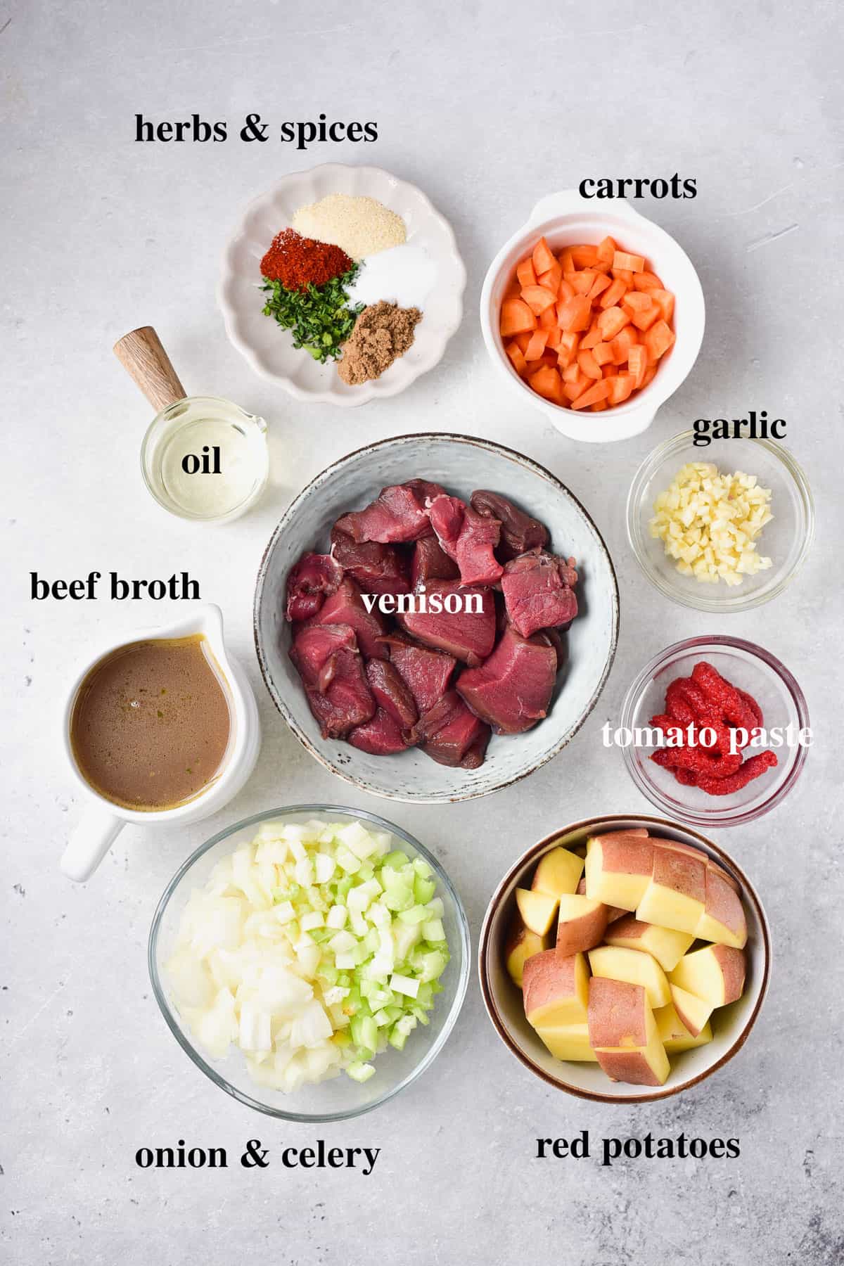 ingredients on a table to make venison stew