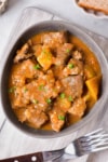 The completed venison stew in a bowl ready for serving.