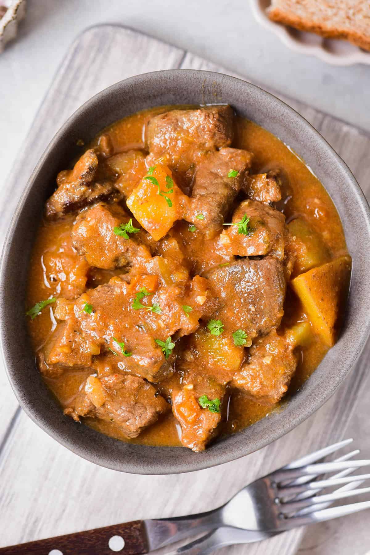 The completed venison stew in a bowl ready for serving.