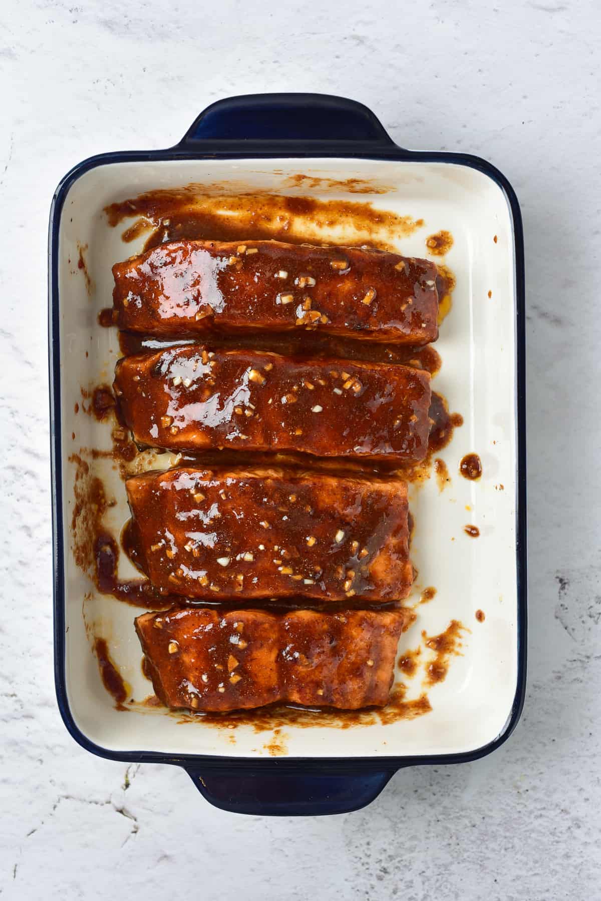 Marinaded and glazed salmon after baking.