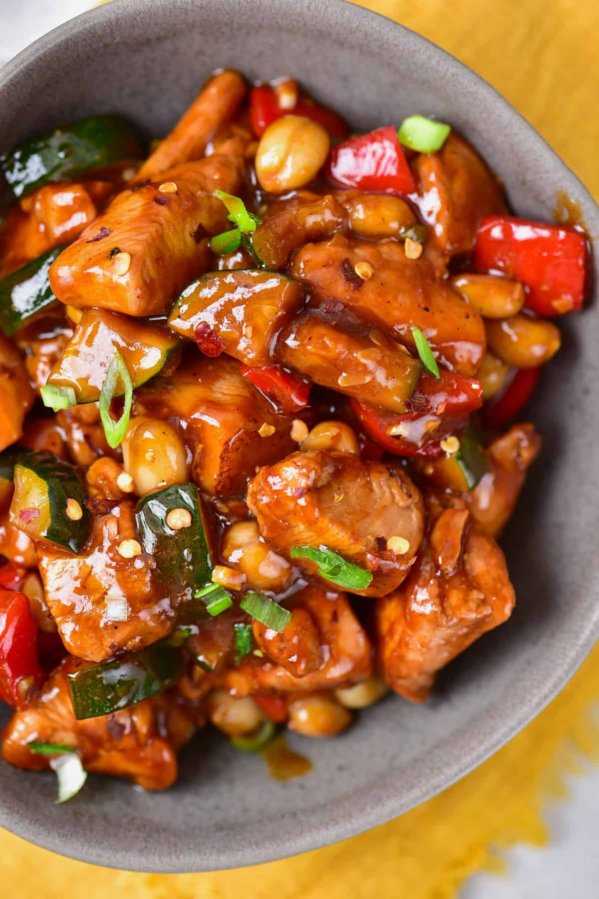 The completed kung pao chicken recipe.