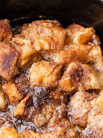 A french toast casserole made in a crockpot.