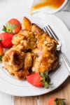 The completed crockpot french toast casserole on a plate.