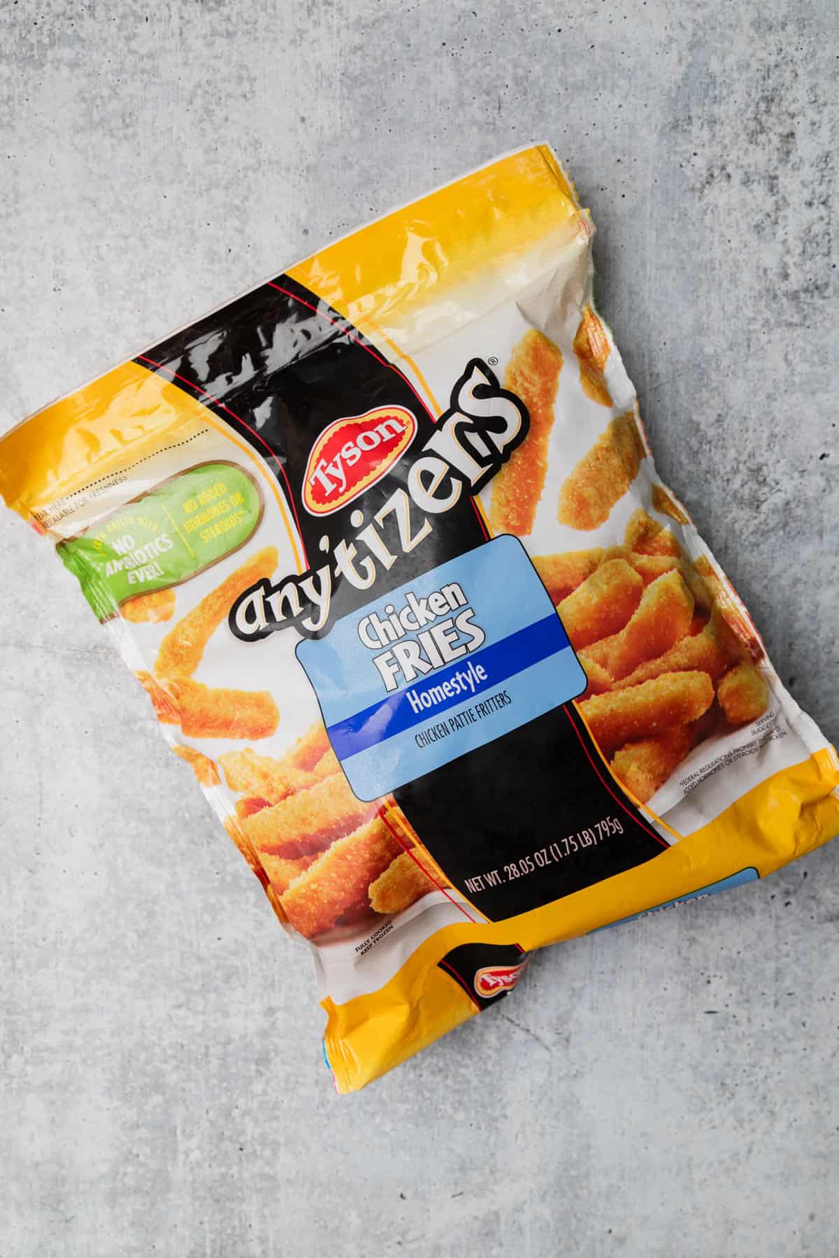 A bag on tyson anytizers chicken fries.