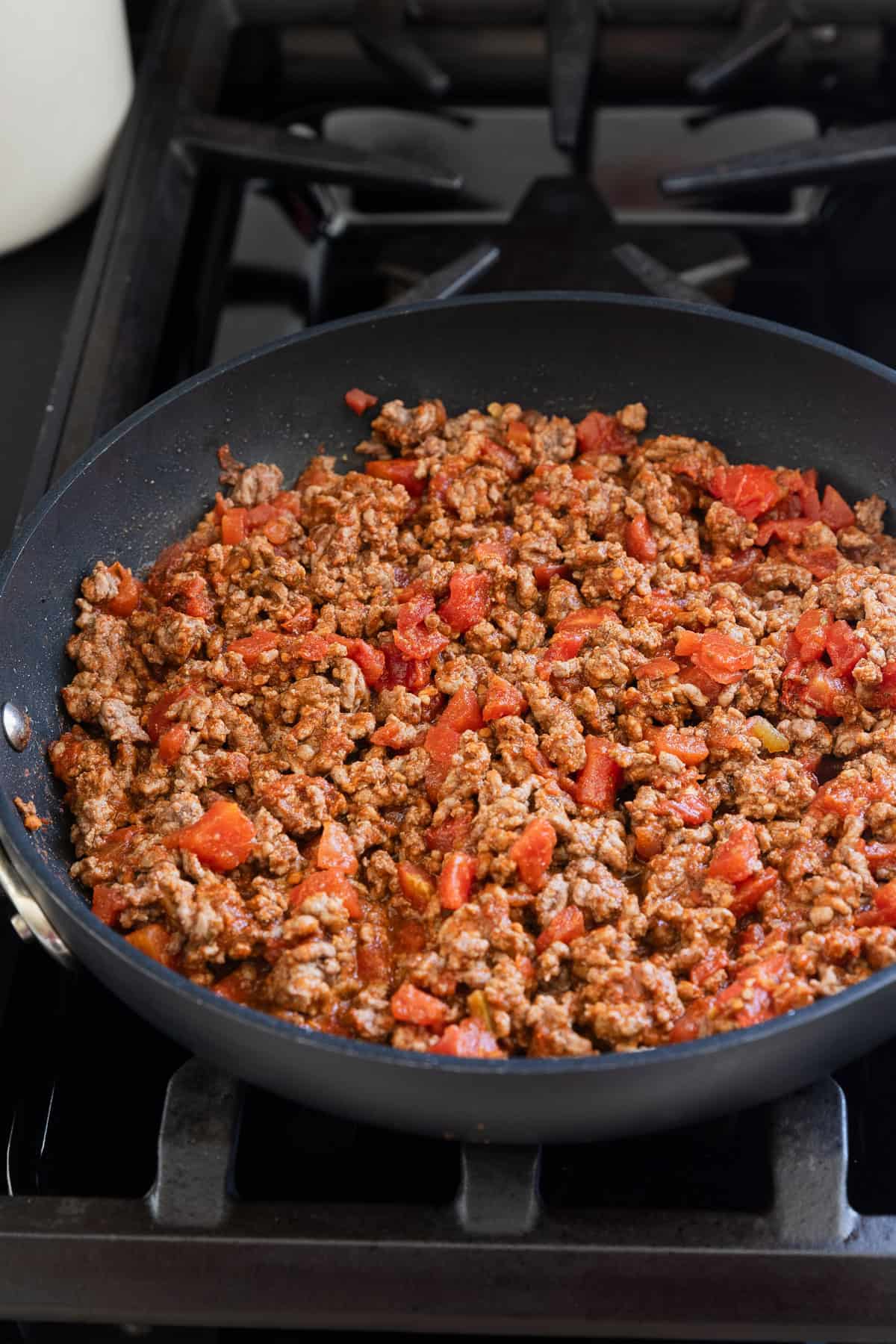 Ground beef cooked with seasoning and tomatoesl.