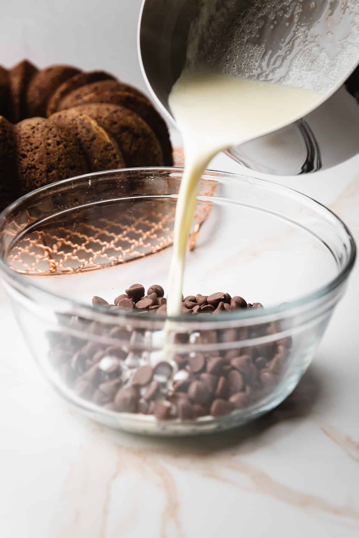 Pouring cream to make chocolate ganache.