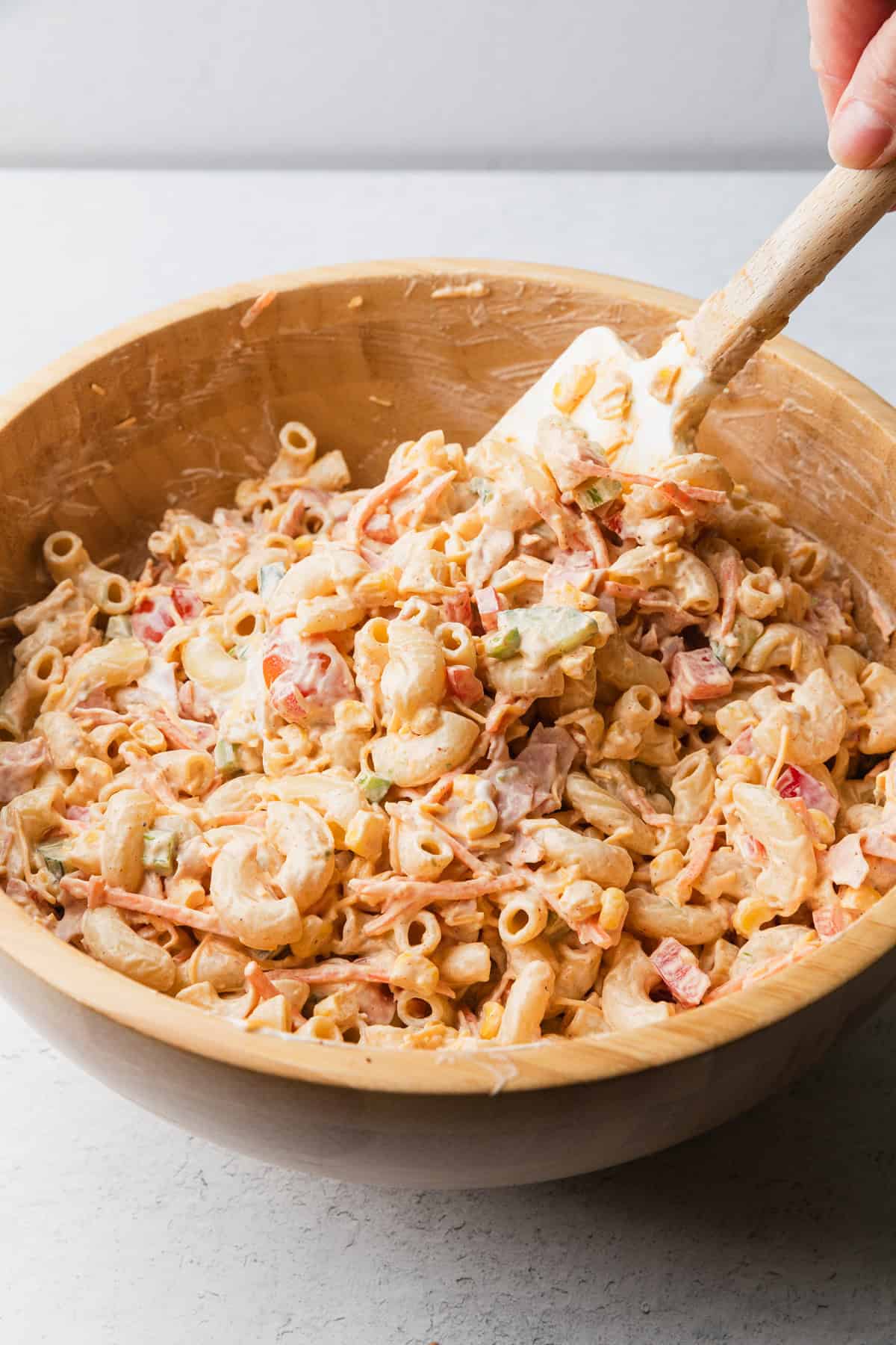 Macaroni salad mixed with creamy chili lime dressing.