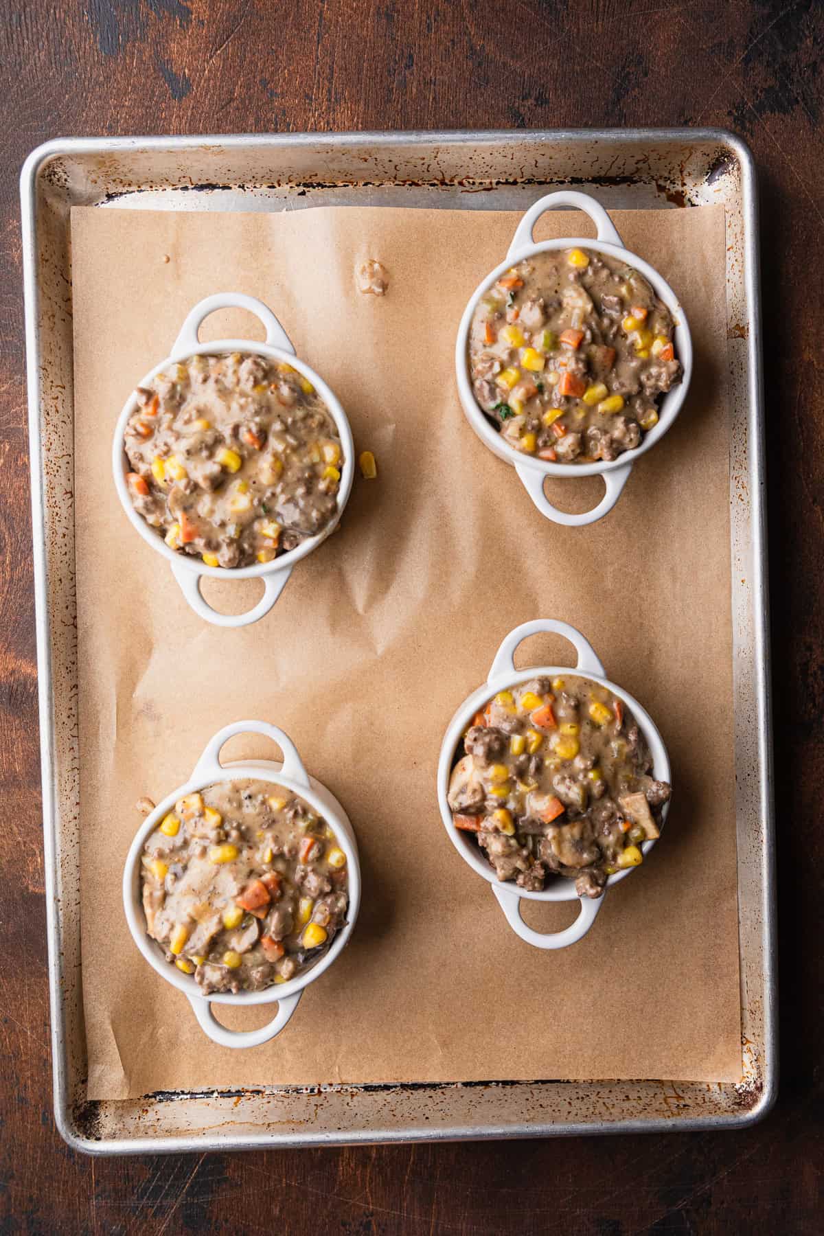 The beef filling in the mini dishes.