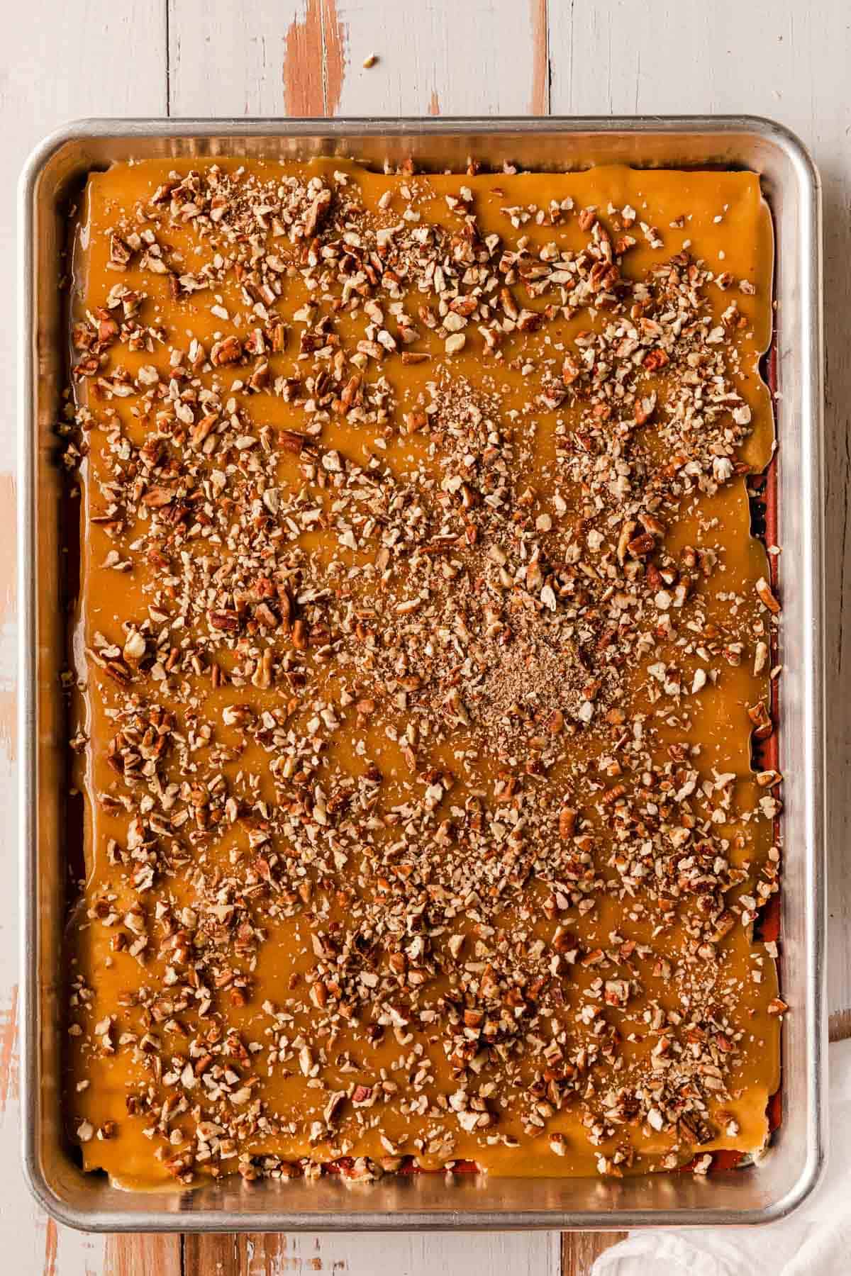 The chopped pecans sprinkled over the sauce.