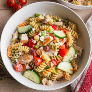 Greek chicken pasta salad.