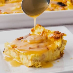 The completed bread pudding and rum sauce recipe.