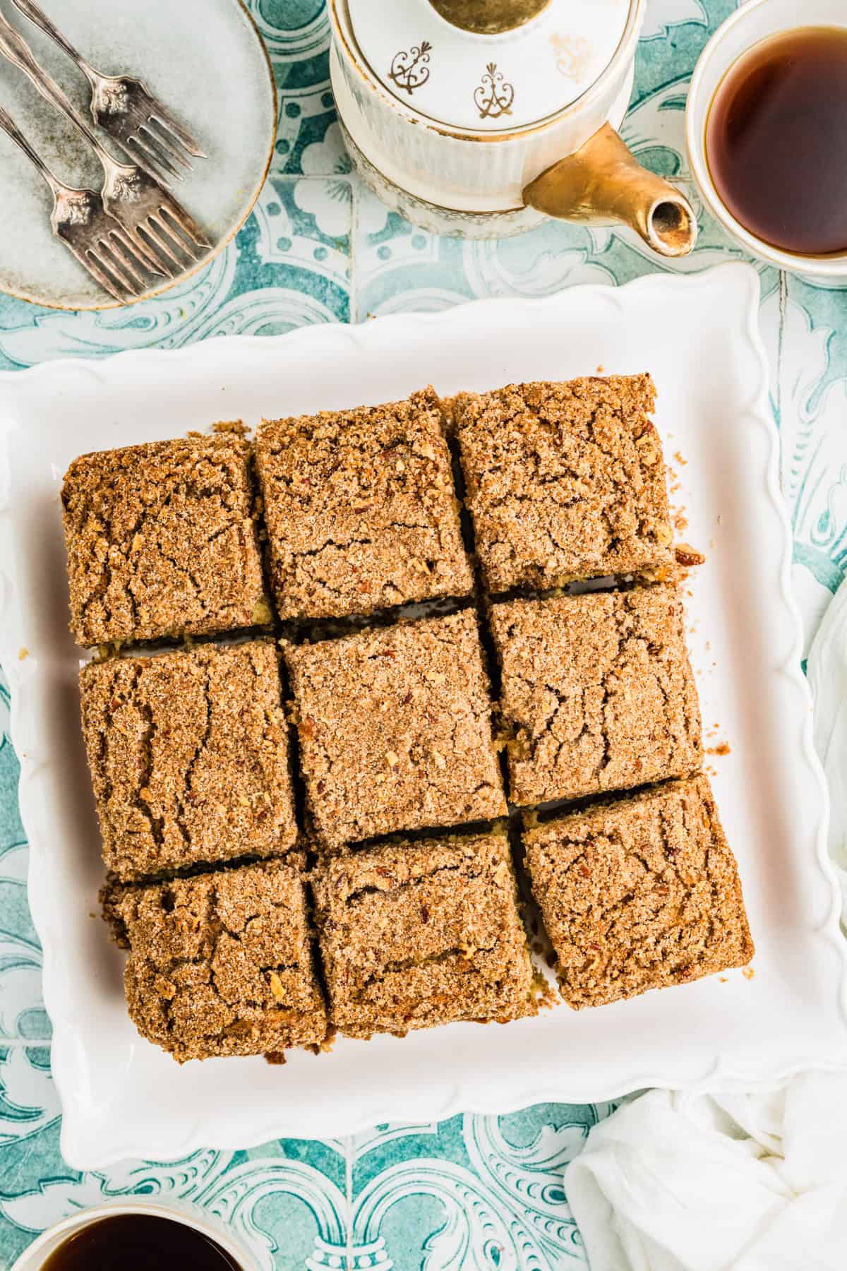 The baked cake cut into squares.
