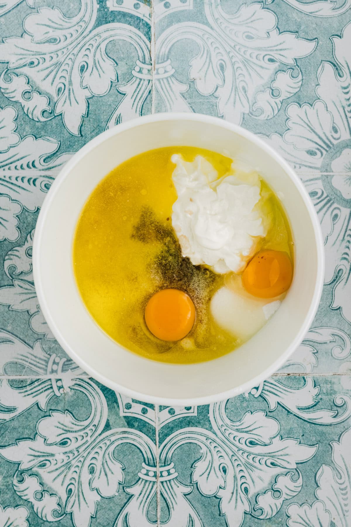The wet ingredients in a bowl.