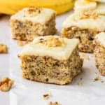 Browned butter banana bread cut into squares.