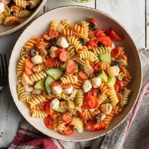 a bowl of zesty italian dressing pasta salad.
