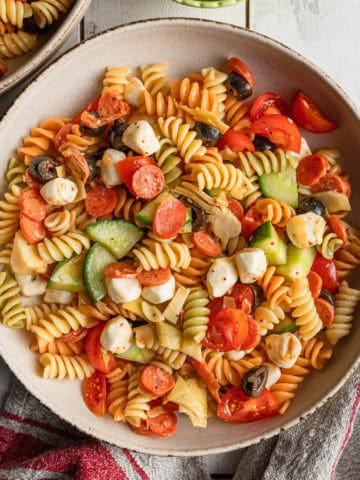 a bowl of zesty italian dressing pasta salad.