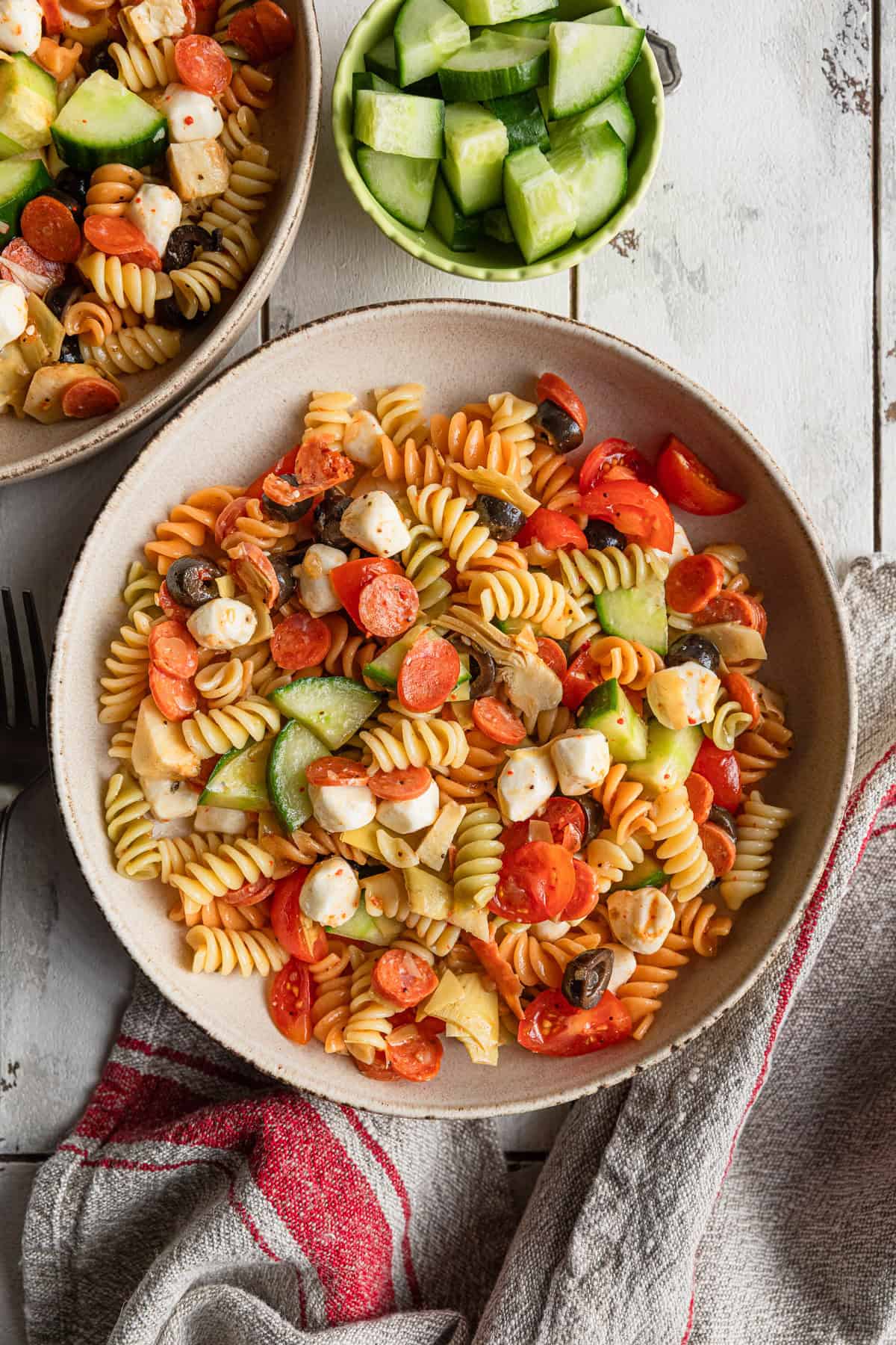 The completed zesty italian dressing pasta salad served in a bowl.