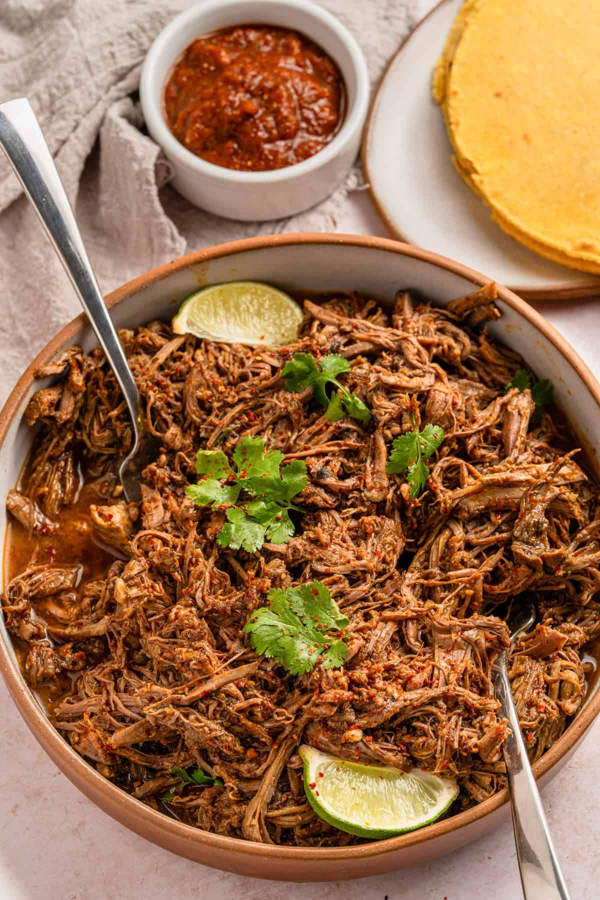 The completed Mexican barbacoa that was made in a crockpot.