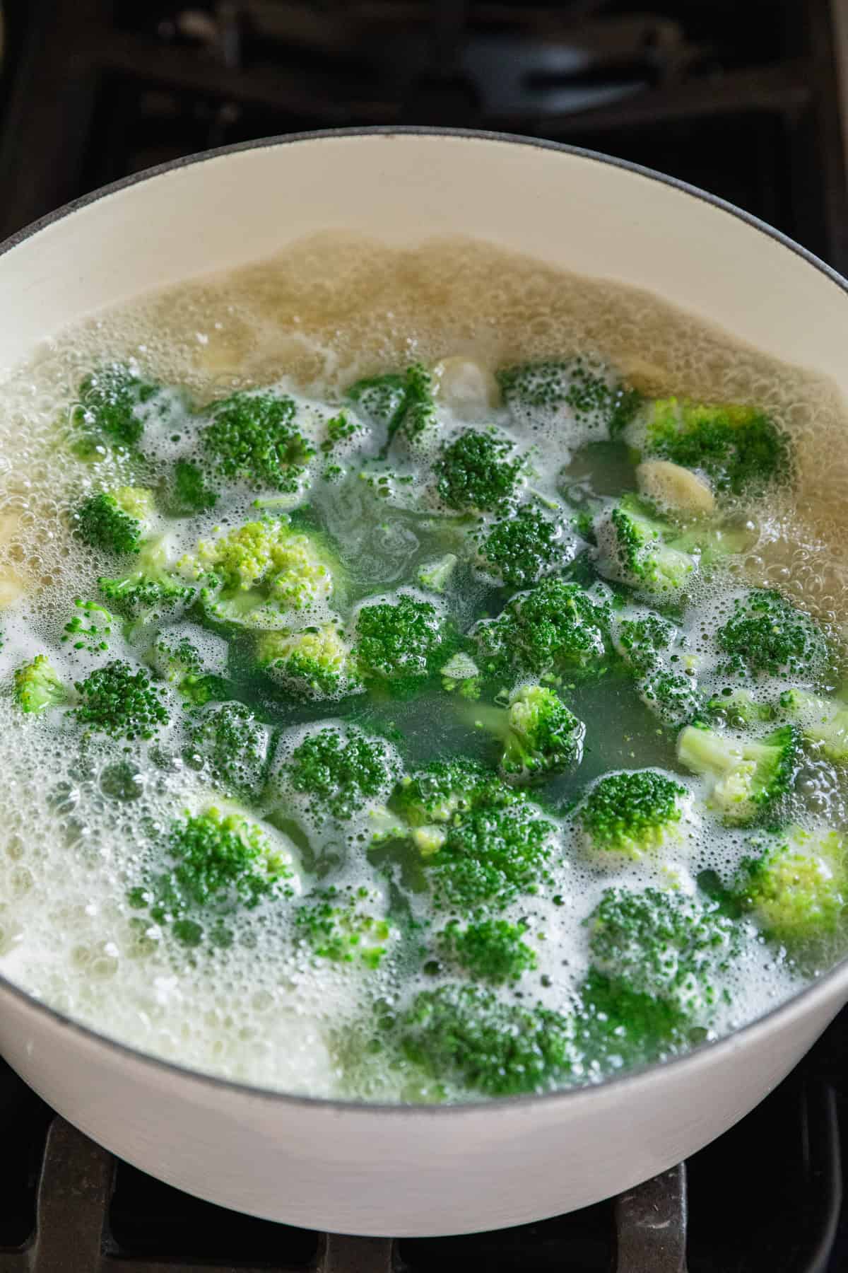 Cooking pasta and broccoli together.