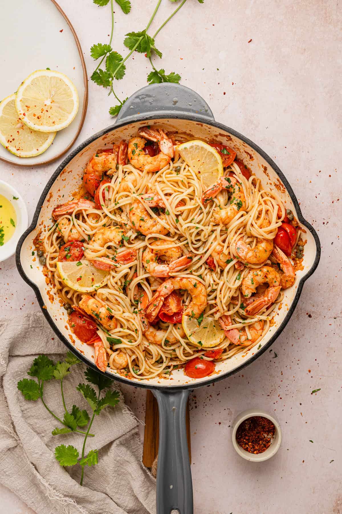The completed white wine seafood pasta in the skillet ready to serve.