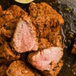 Brazilian steak bites cooked to medium doneness.