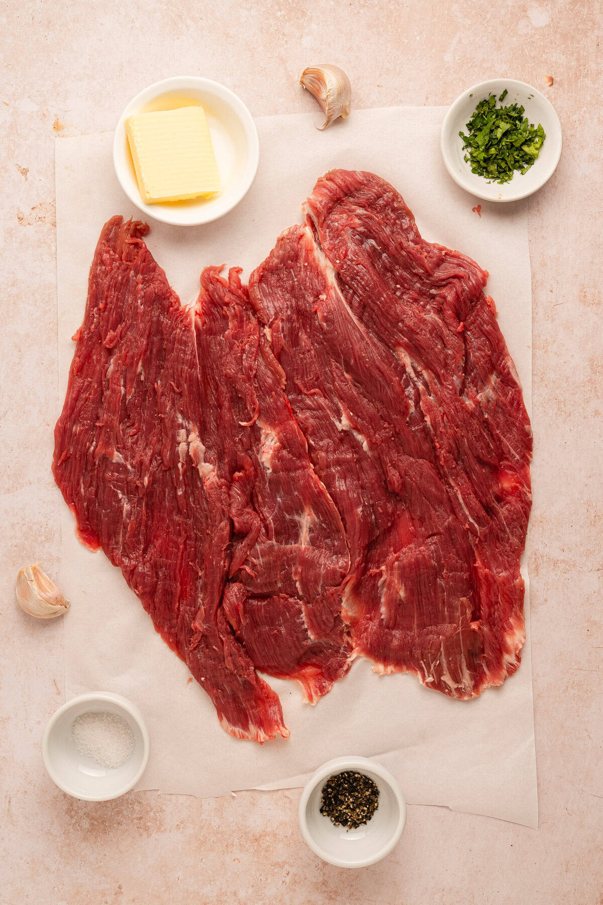 Flank steak cut in butterfly.