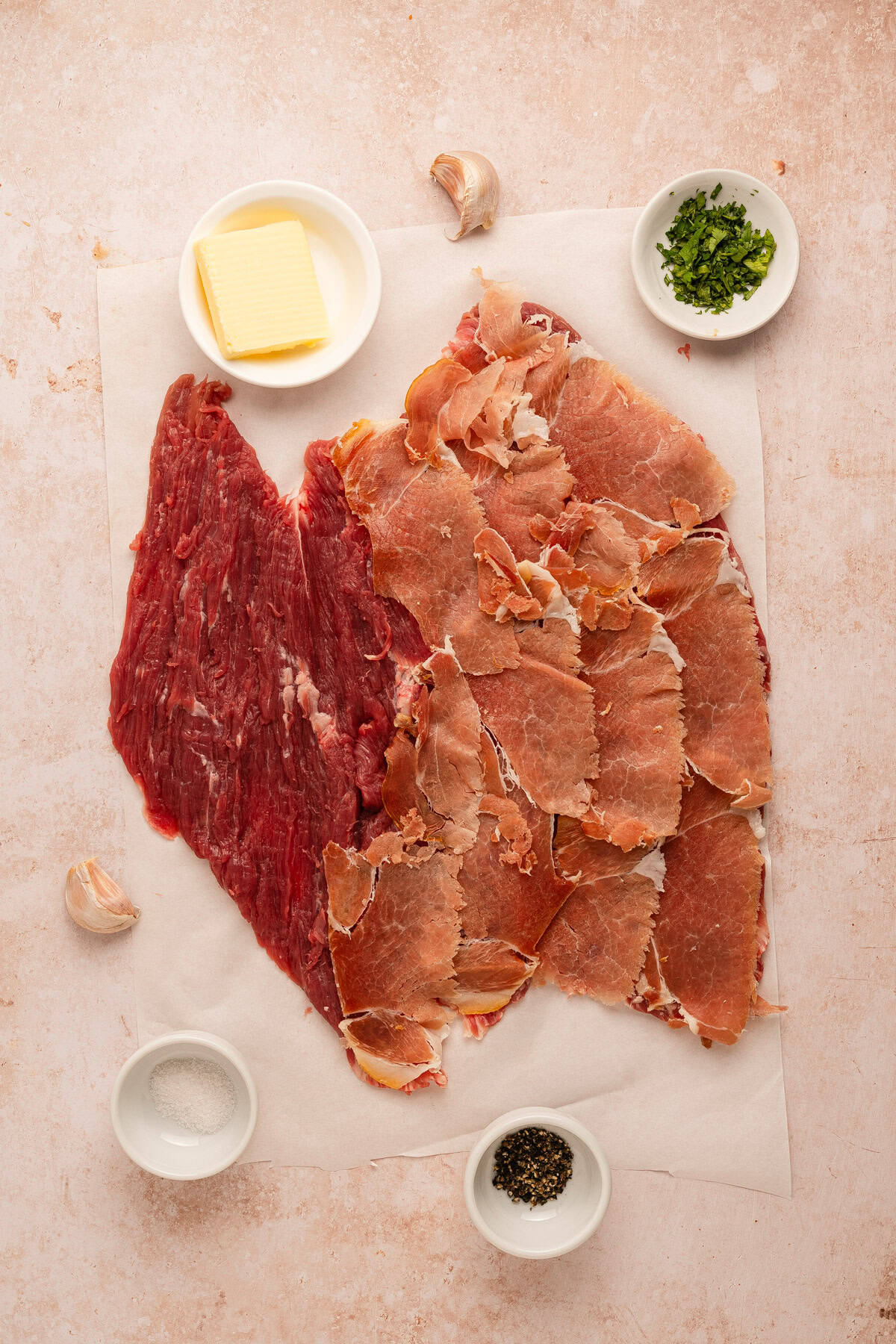 Layers of prosciutto on flank steak.