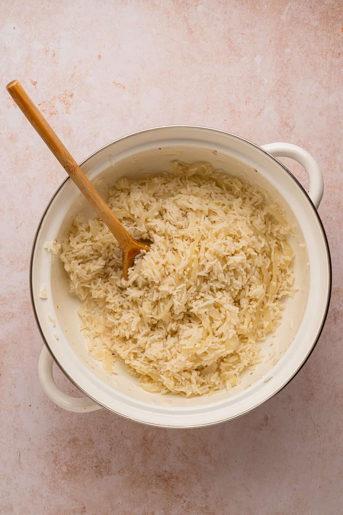 Cooked rice in a large pot.