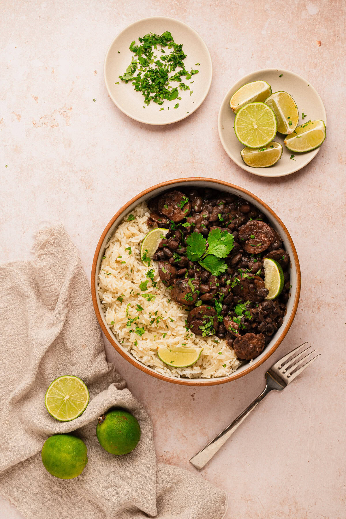 The cooked beans and rice in a bowl.