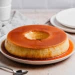 Brazilian flan on a round platter.