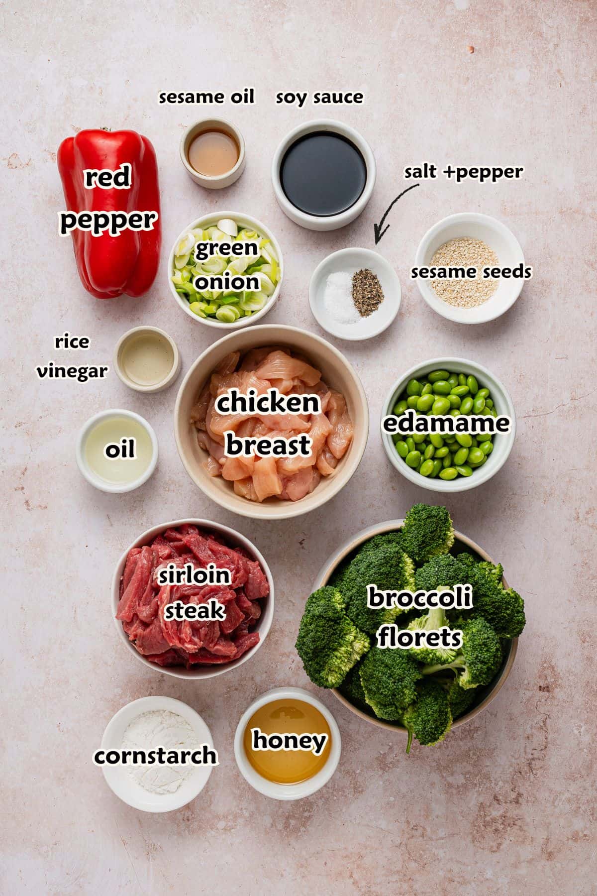 Ingredients to make chicken and beef stir fry.