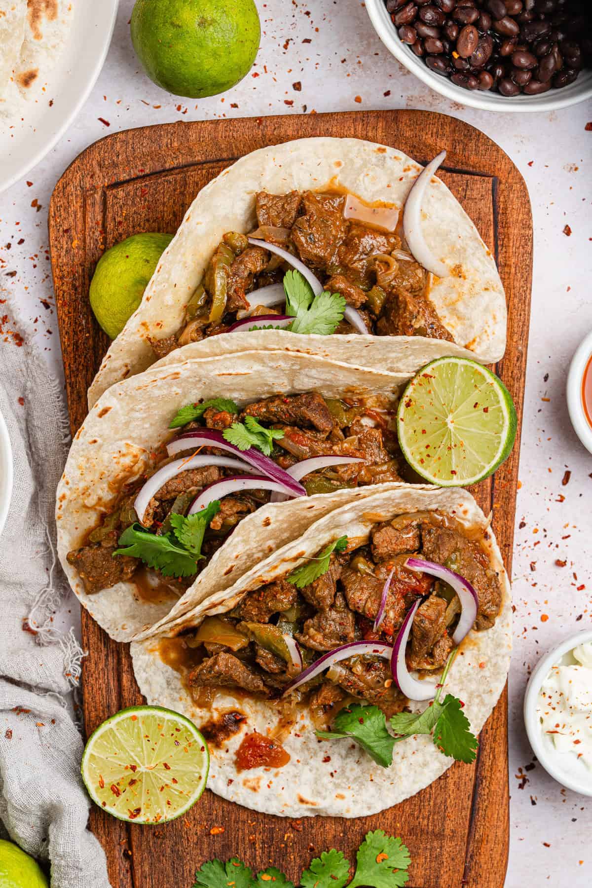 Steak picado made into tacos with flour tortillas.