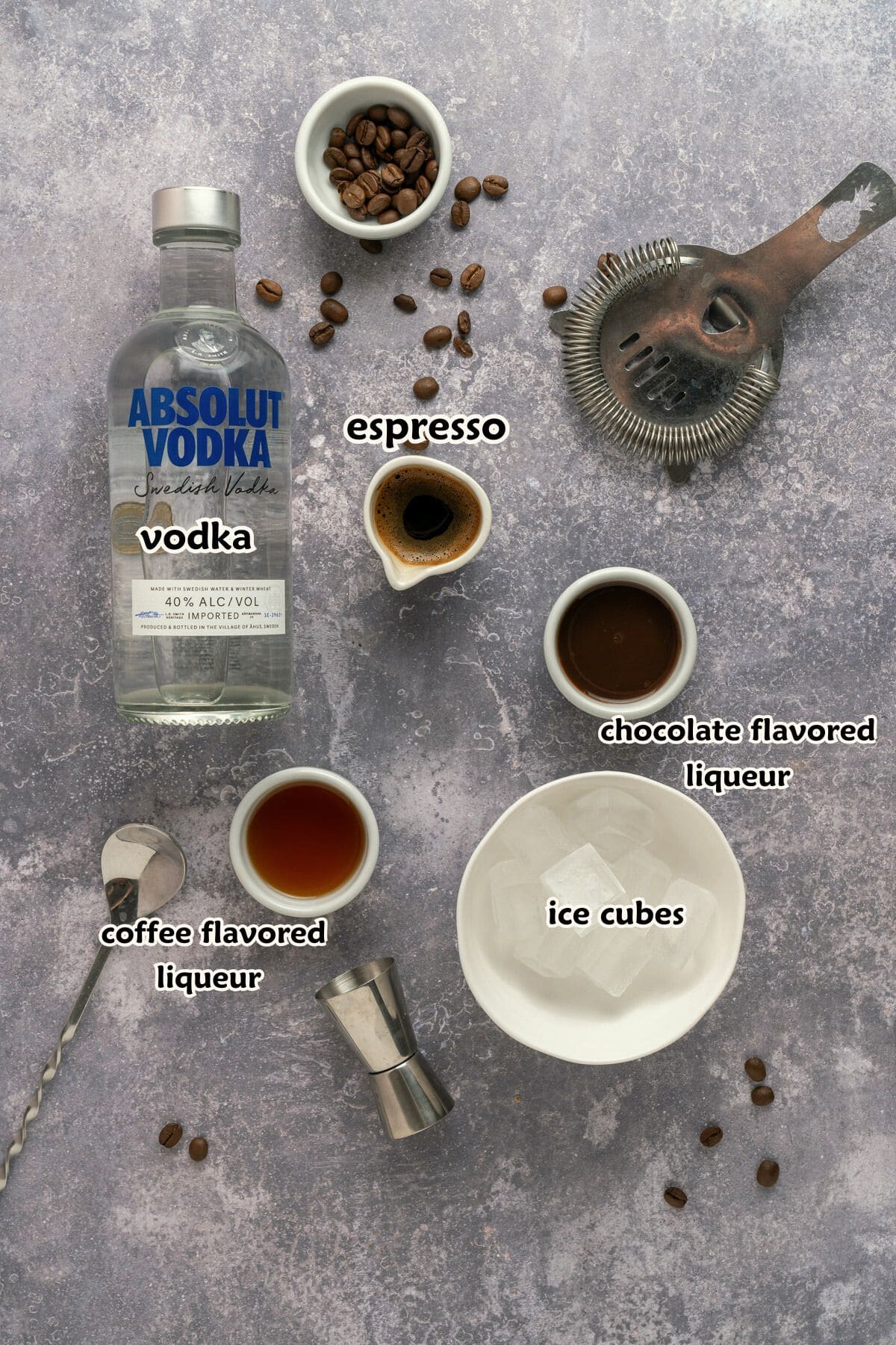 Ingredients to make chocolate espresso martinis.